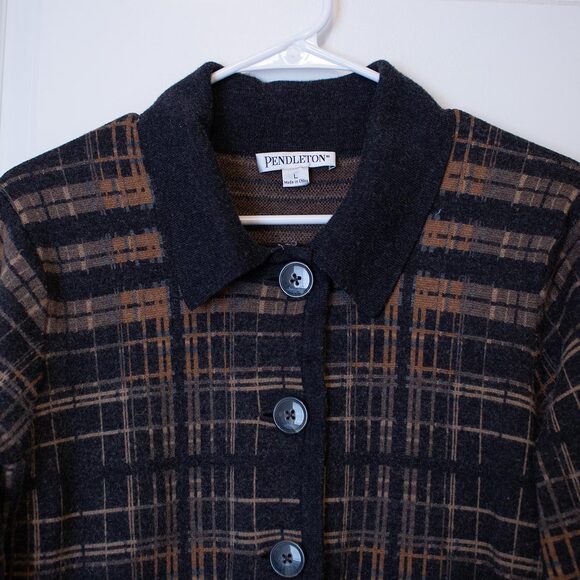 Pendleton 100% Merino Wool Plaid Button Jacket Brown Charcoal L (Fits S) Retro - Picture 2 of 7